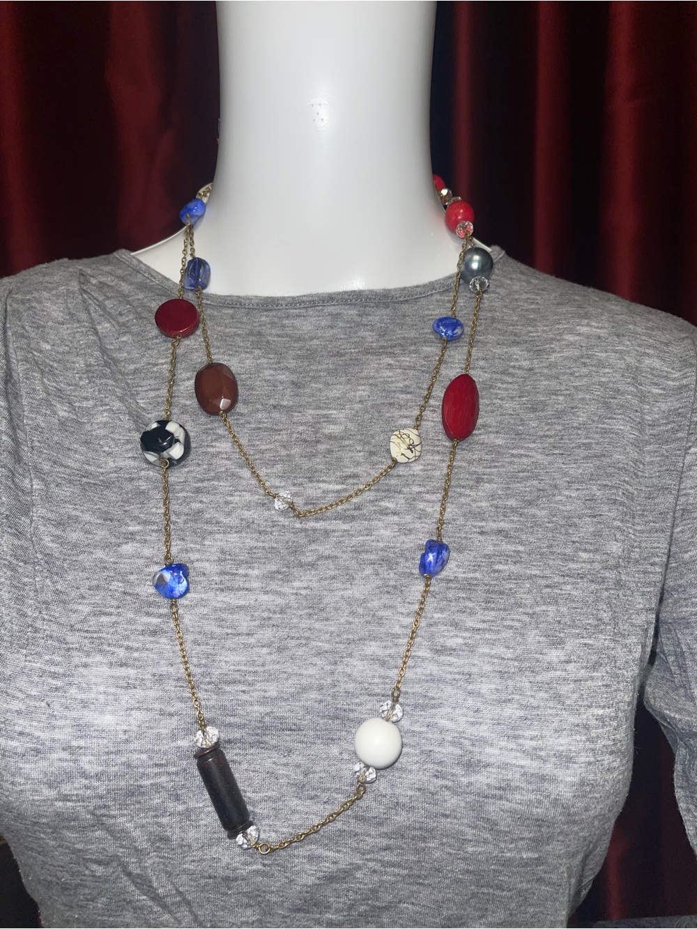 Long Mixed-Bead Statement Necklace in Red, Blue, White, Brown
